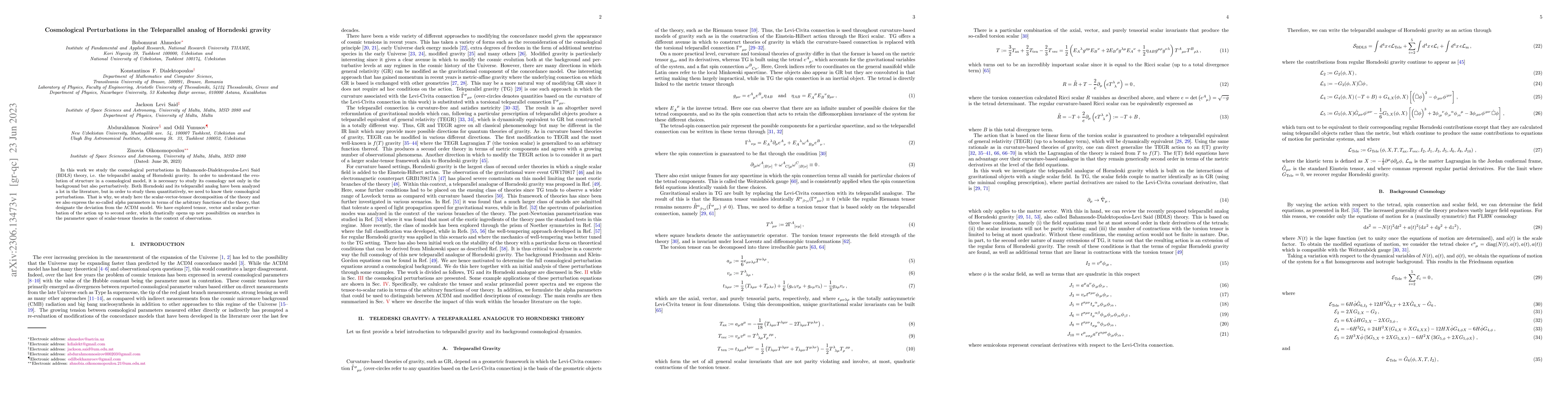 Thumbnail for Cosmological Perturbations in the Teleparallel analog of Horndeski
  gravity