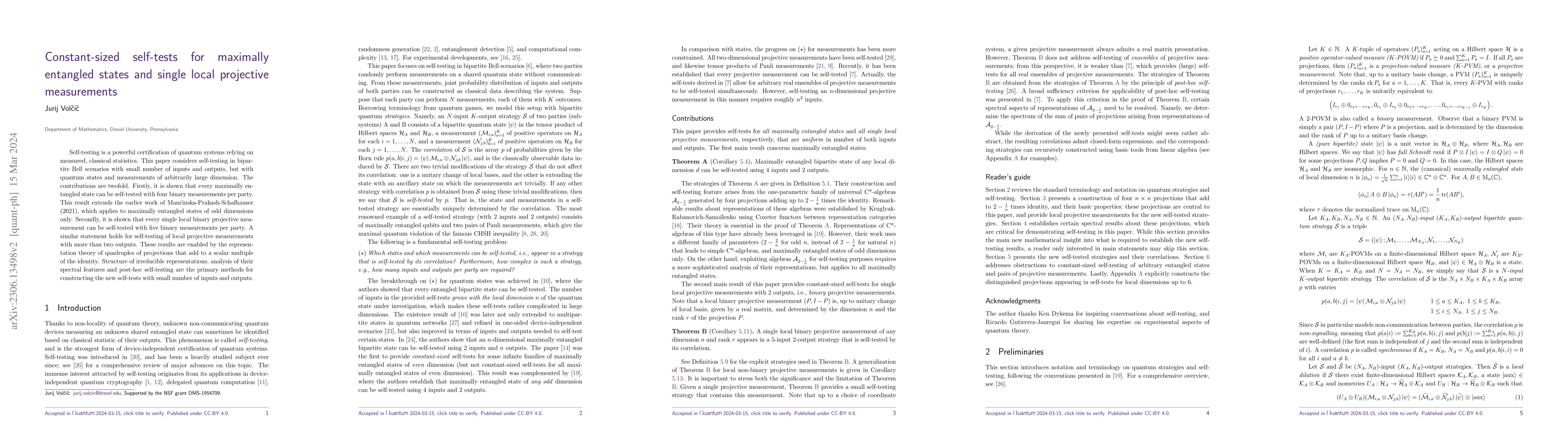 Thumbnail for Constant-sized self-tests for maximally entangled states and single
  projective measurements