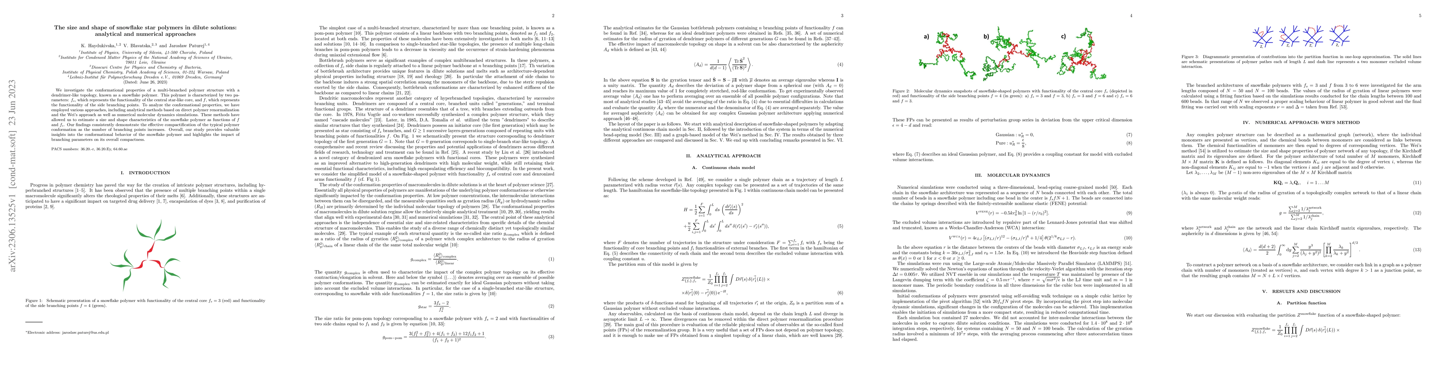 Thumbnail for The size and shape of snowflake star polymers in dilute solutions:
  analytical and numerical approaches