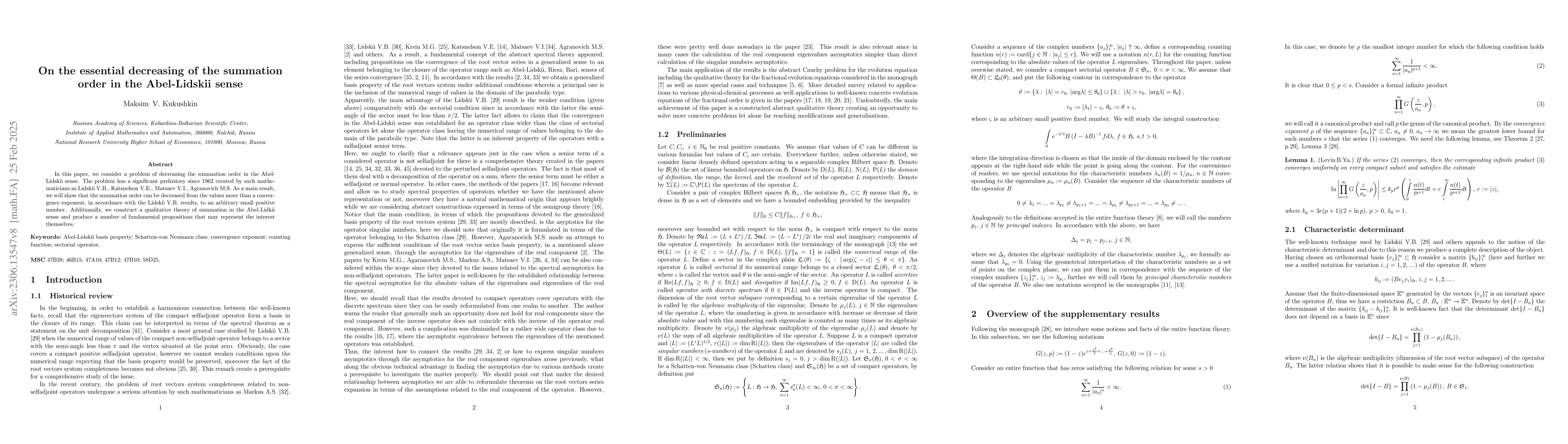 Thumbnail for On the essential decreasing of the summation order in the Abel-Lidskii
  sense