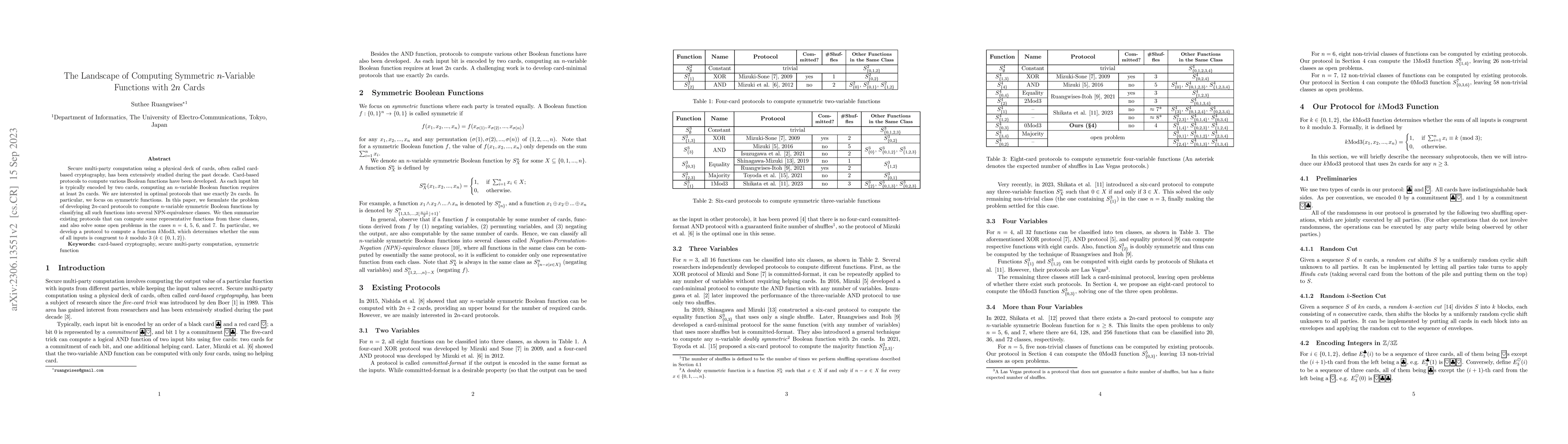 Thumbnail for The Landscape of Computing Symmetric $n$-Variable Functions with $2n$
  Cards