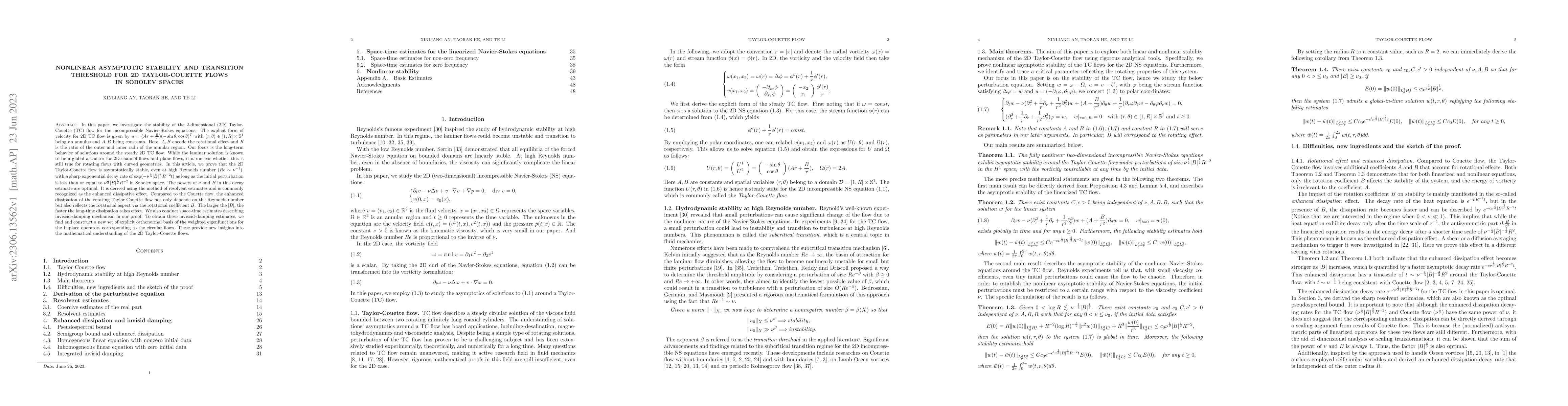 Thumbnail for Nonlinear asymptotic stability and transition threshold for 2D
  Taylor-Couette flows in Sobolev spaces