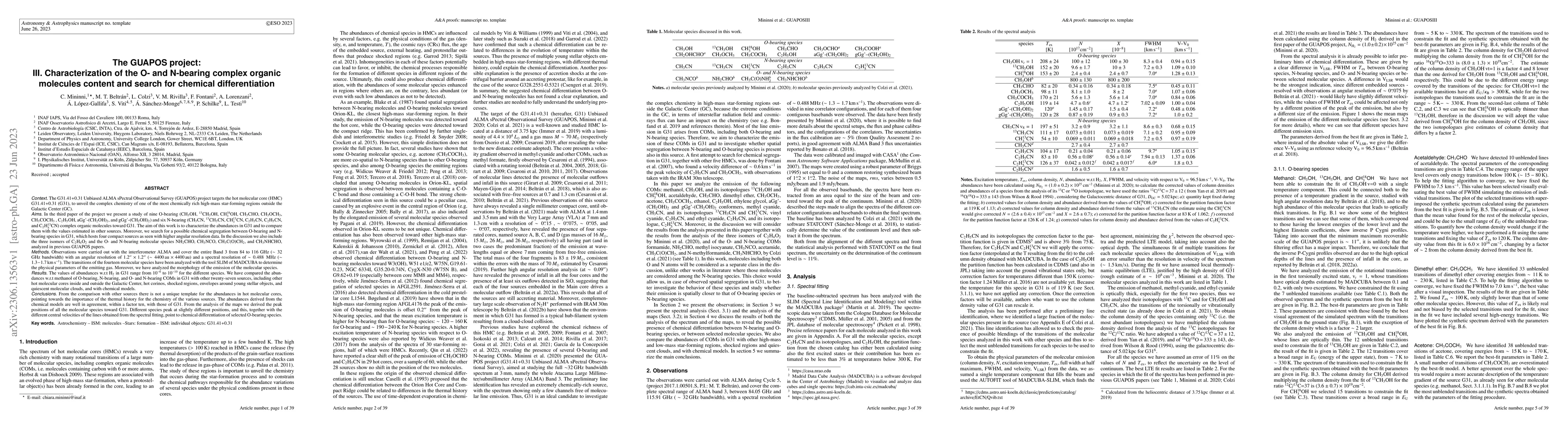 Thumbnail for The GUAPOS project:III. Characterization of the O- and N-bearing complex
  organic molecules content and search for chemical differentiation