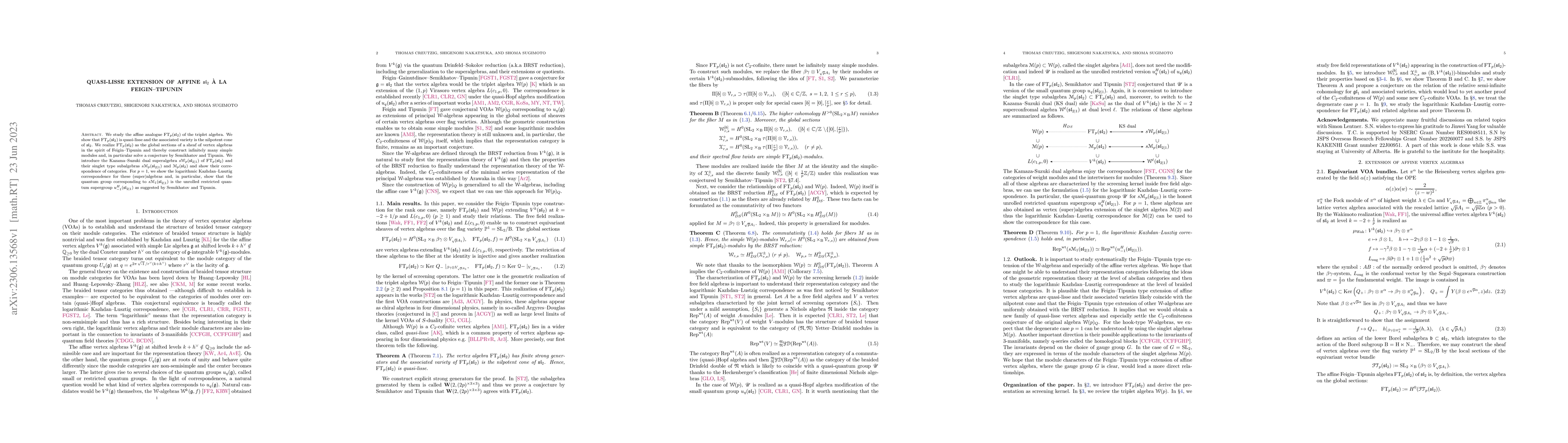 Thumbnail for Quasi-lisse extension of affine $\mathfrak{sl}_2$ \`{a} la
  Feigin--Tipunin