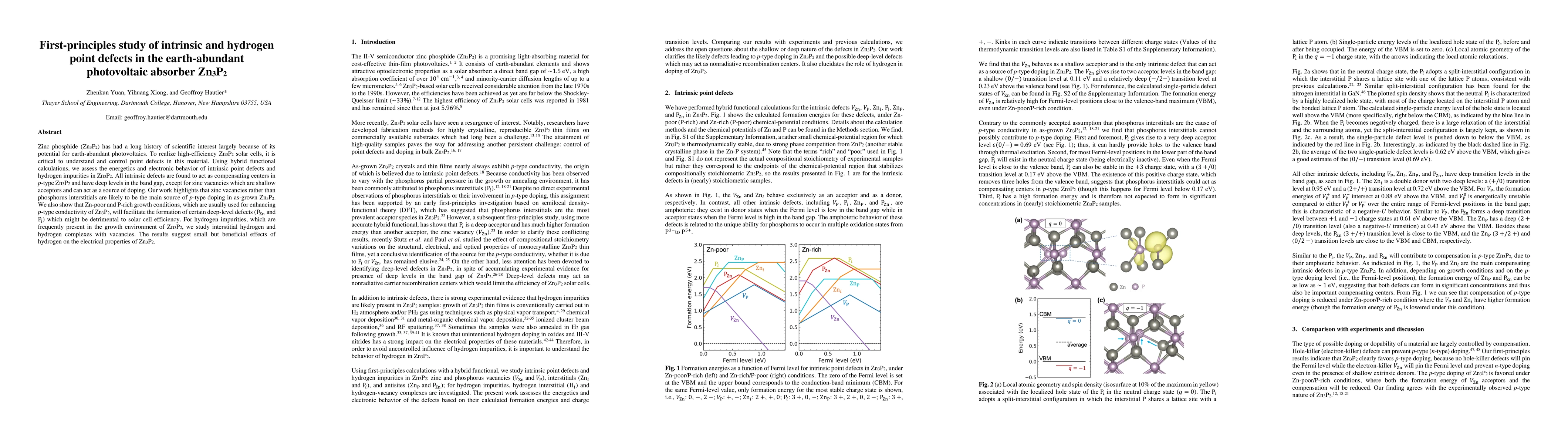 Thumbnail for First-principles study of intrinsic and hydrogen point defects in the
  earth-abundant photovoltaic absorber Zn3P2