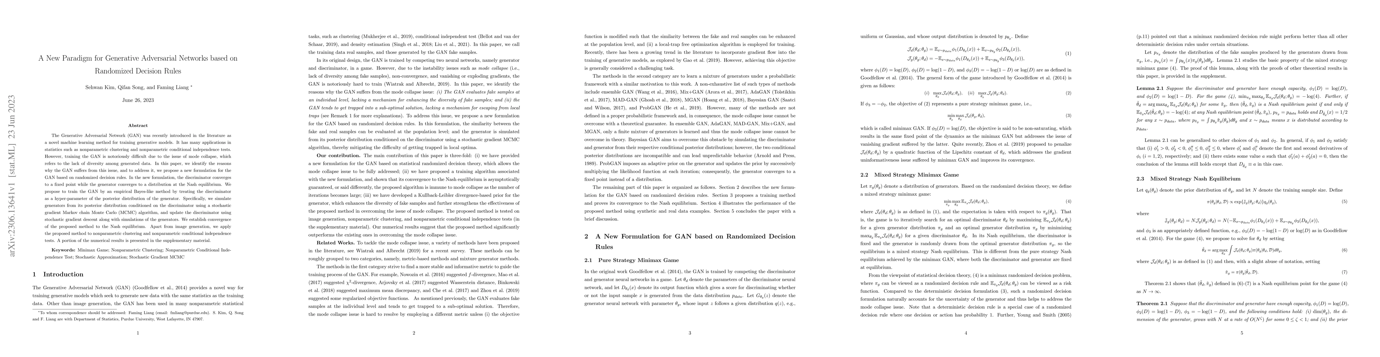 Thumbnail for A New Paradigm for Generative Adversarial Networks based on Randomized
  Decision Rules
