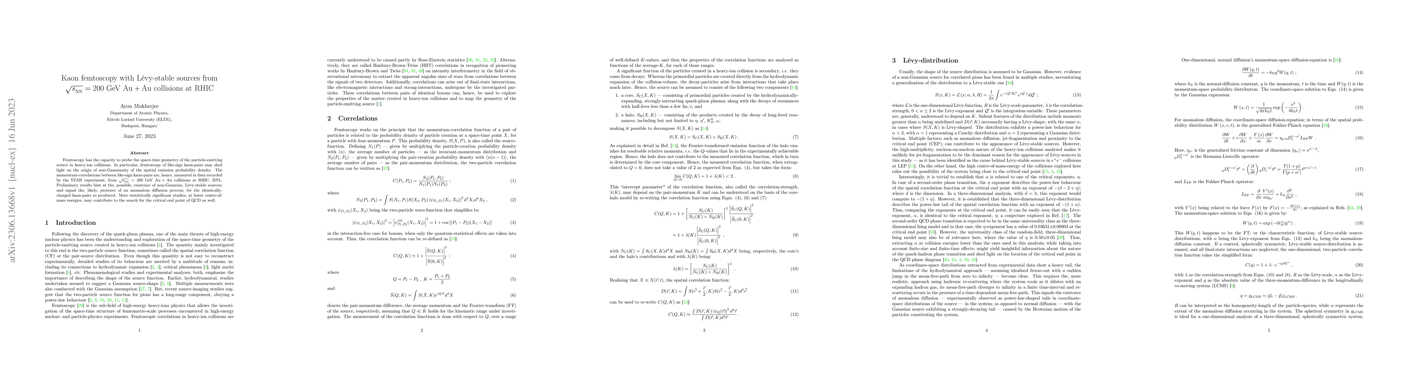 Thumbnail for Kaon femtoscopy with L\'evy-stable sources from $\sqrt{s_{_{\rm NN}}} =
  200$ GeV $\mathrm{Au}+\mathrm{Au}$ collisions at RHIC