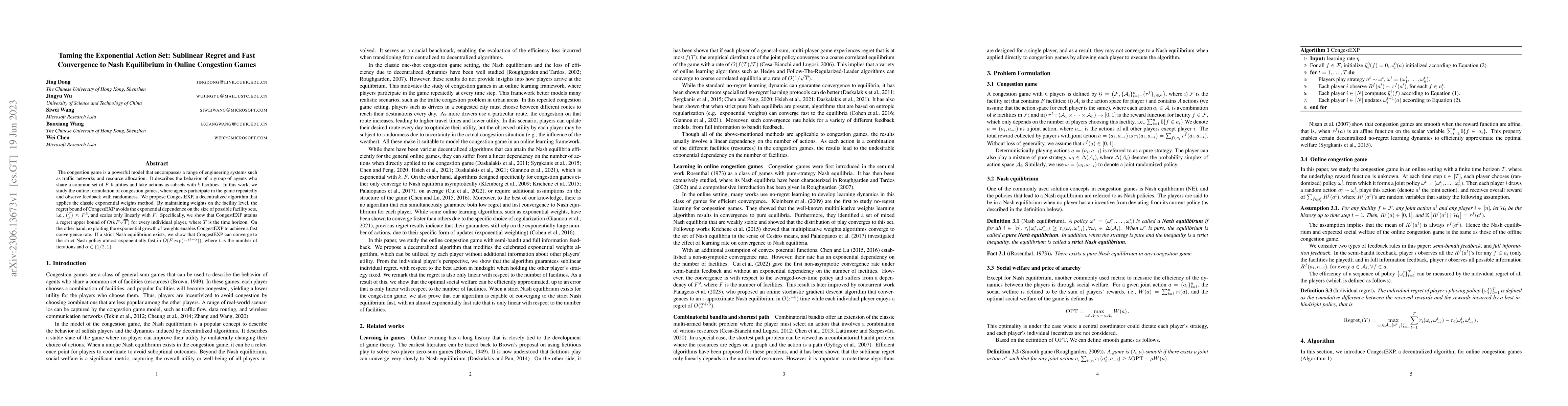 Thumbnail for Taming the Exponential Action Set: Sublinear Regret and Fast Convergence
  to Nash Equilibrium in Online Congestion Games