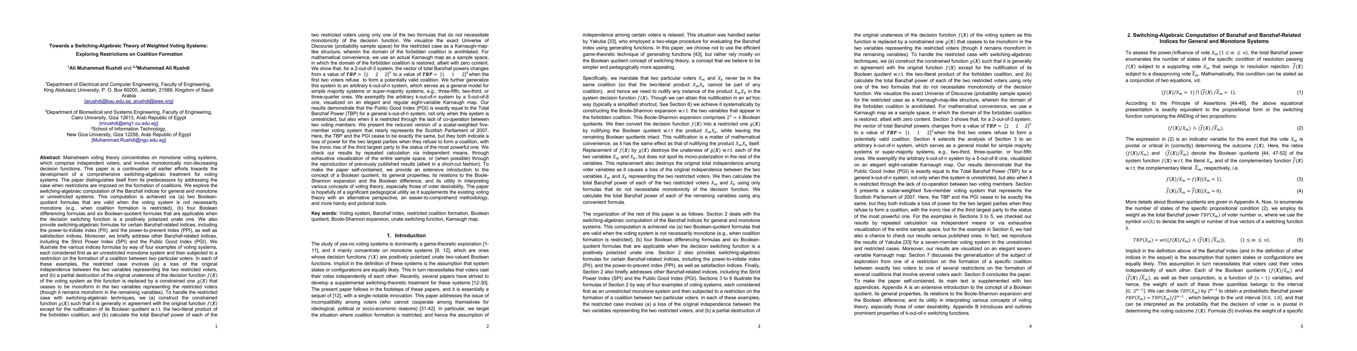 Thumbnail for Towards a Switching-Algebraic Theory of Weighted Voting Systems:
  Exploring Restrictions on Coalition Formation