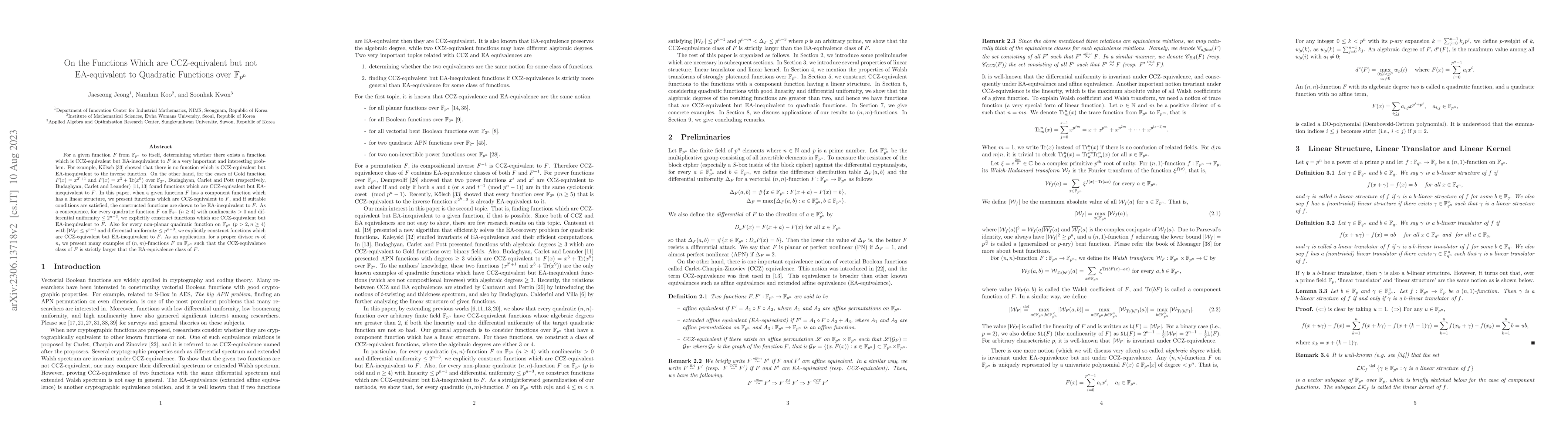 Thumbnail for On the Functions Which are CCZ-equivalent but not EA-equivalent to
  Quadratic Functions over $\mathbb F_{p^n}$