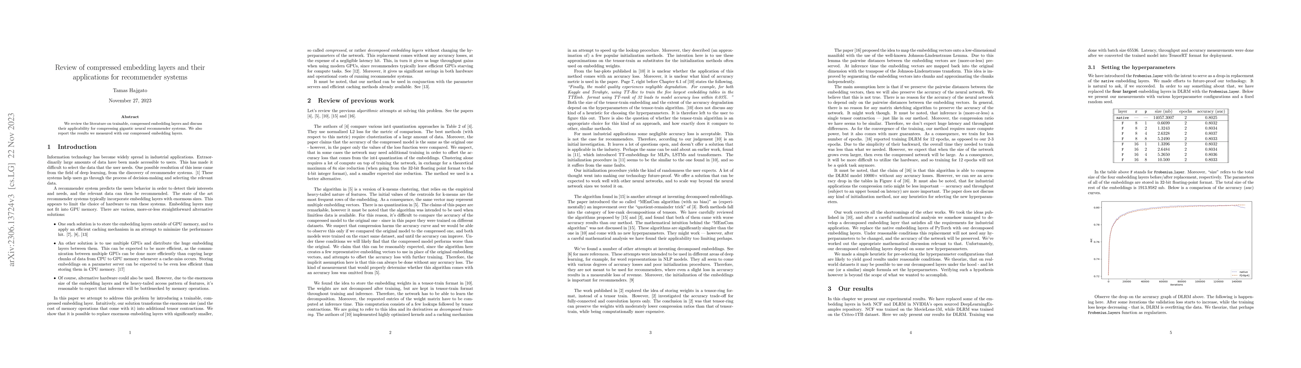 Thumbnail for Review of compressed embedding layers and their applications for
  recommender systems