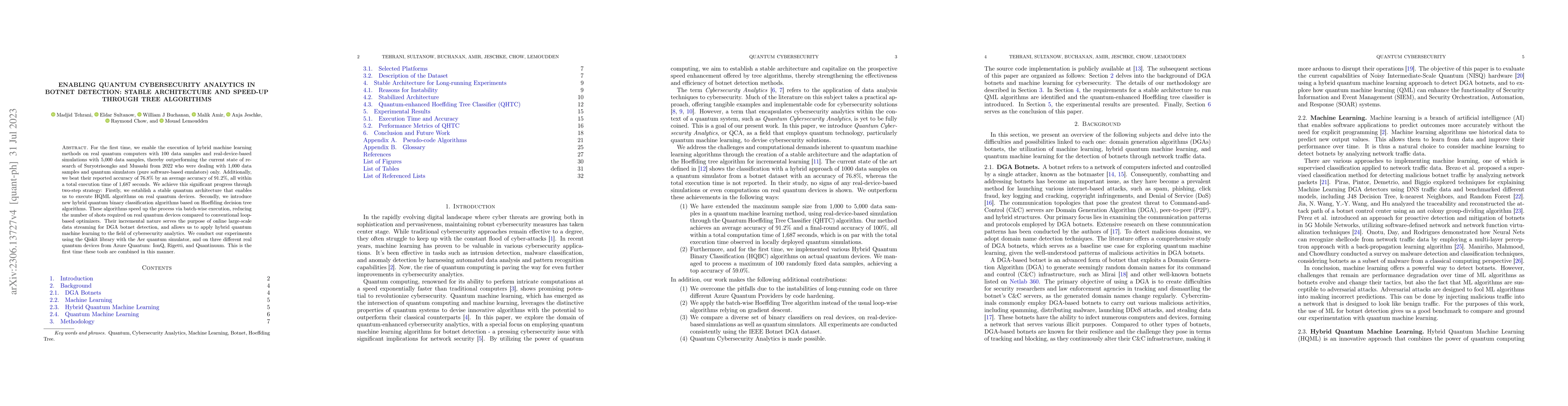 Thumbnail for Enabling Quantum Cybersecurity Analytics in Botnet Detection: Stable
  Architecture and Speed-up through Tree Algorithms