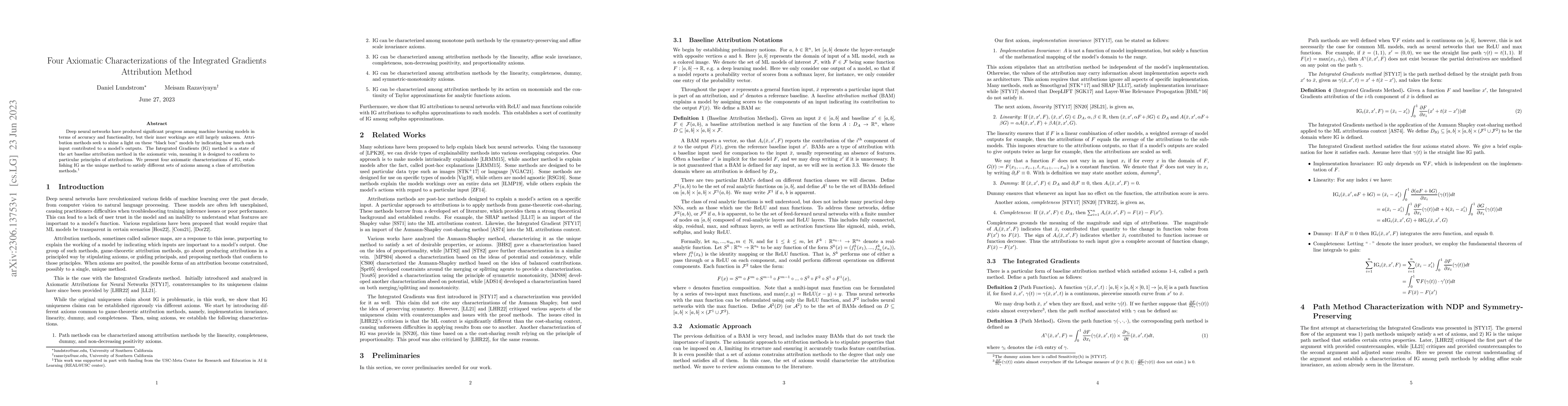 Thumbnail for Four Axiomatic Characterizations of the Integrated Gradients Attribution
  Method