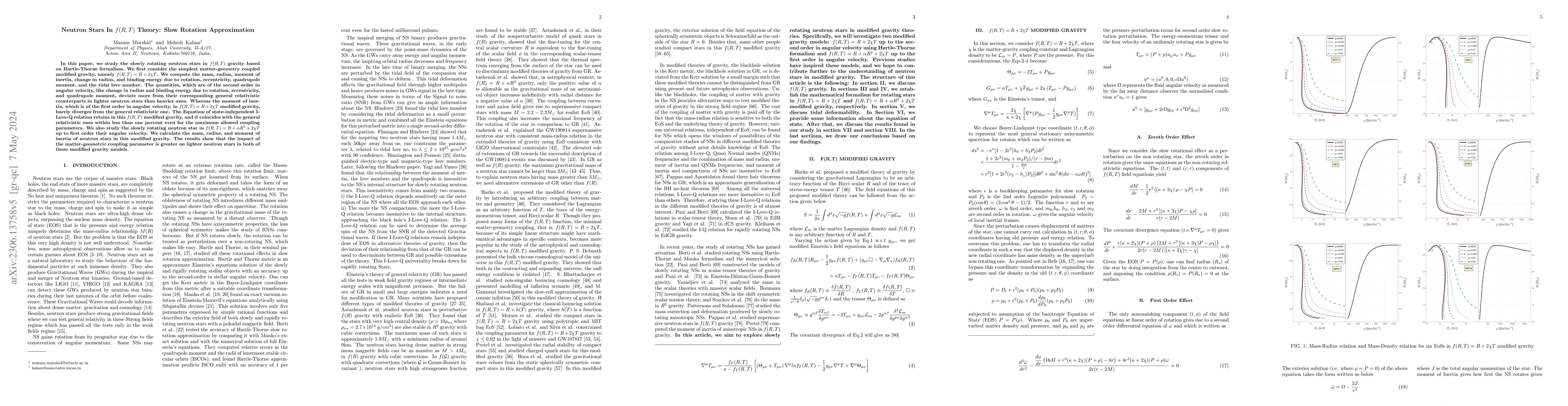 Thumbnail for Neutron Stars In $f(R,T)$ Theory: Slow Rotation Approximation