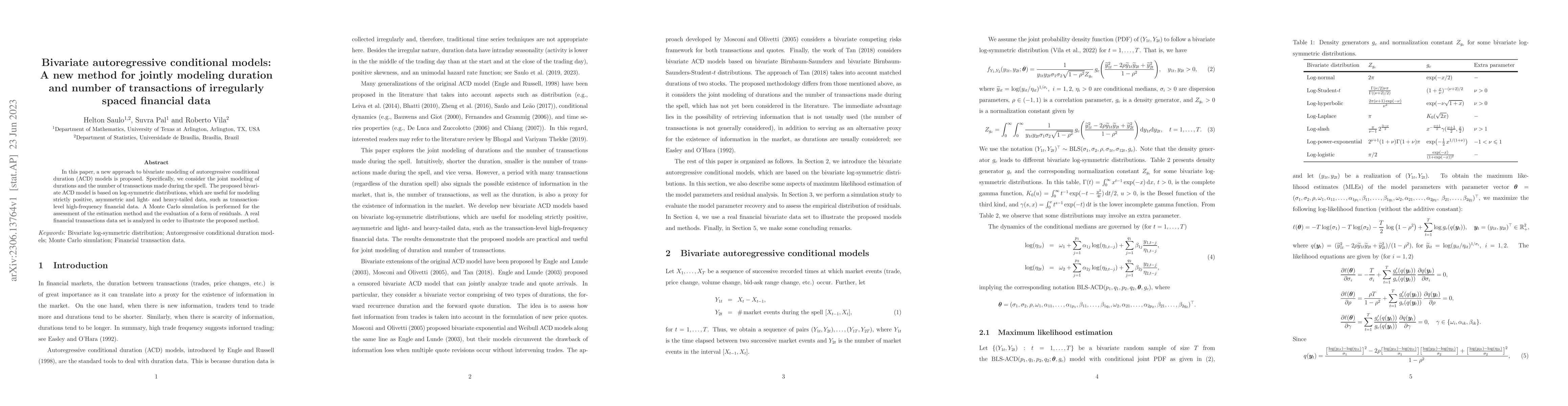 Thumbnail for Bivariate autoregressive conditional models: A new method for jointly
  modeling duration and number of transactions of irregularly spaced financial
  data