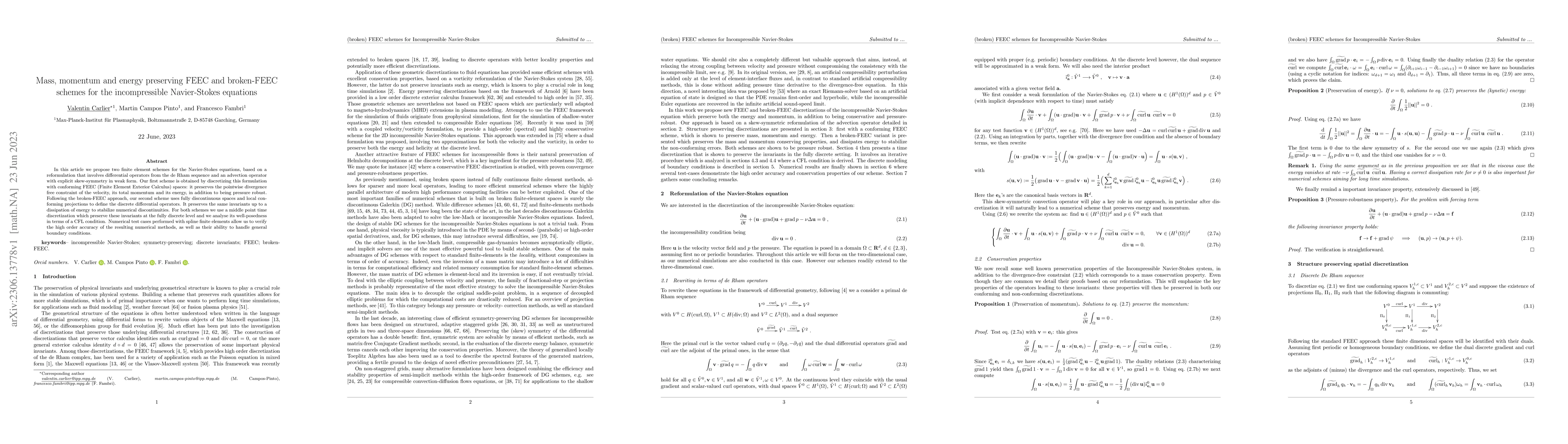 Thumbnail for Mass, momentum and energy preserving FEEC and broken-FEEC schemes for
  the incompressible Navier-Stokes equations