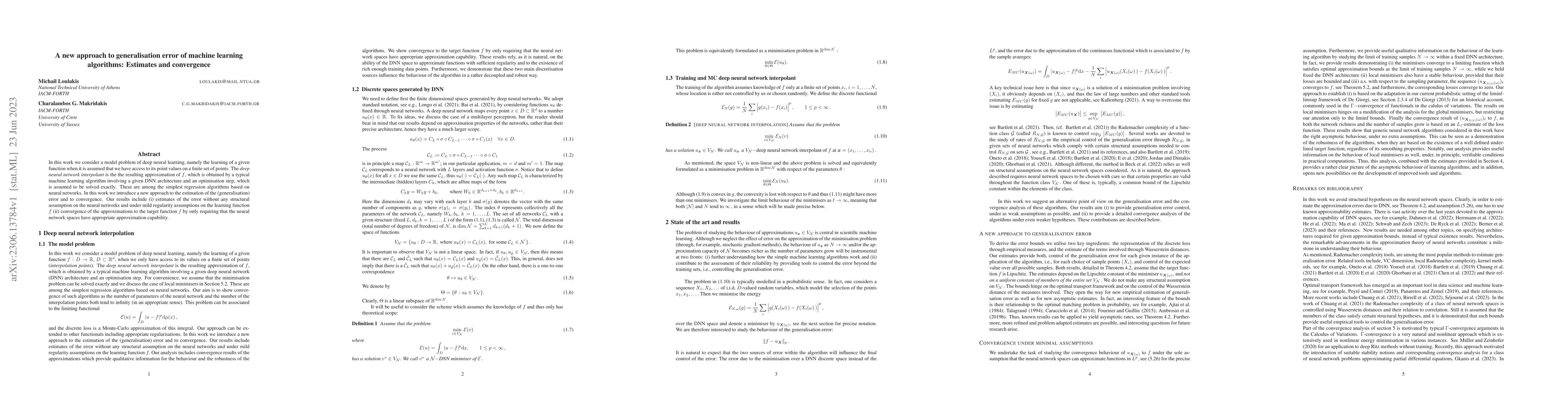 Thumbnail for A new approach to generalisation error of machine learning algorithms:
  Estimates and convergence