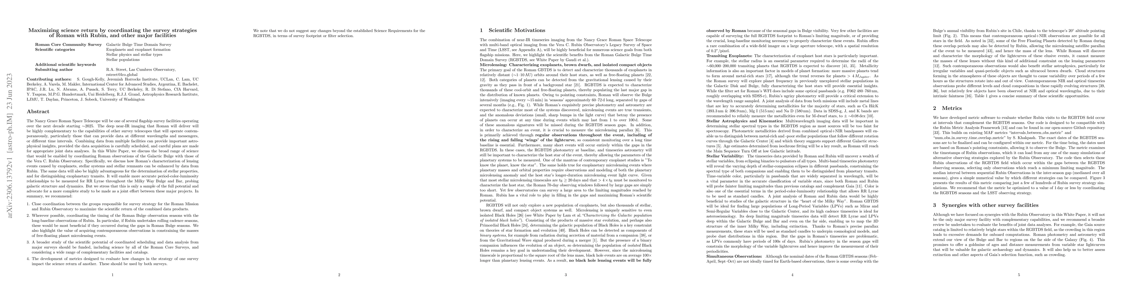 Thumbnail for Maximizing science return by coordinating the survey strategies of Roman
  with Rubin, and other major facilities