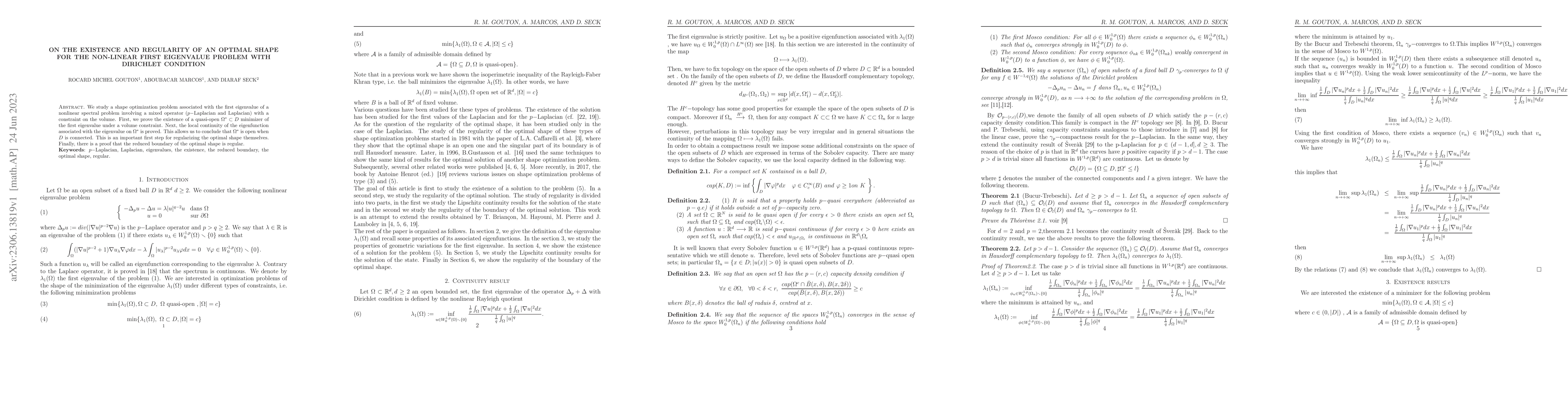 Thumbnail for On the existence and regularity of an optimal shape for the non-linear
  first eigenvalue problem with Dirichlet condition