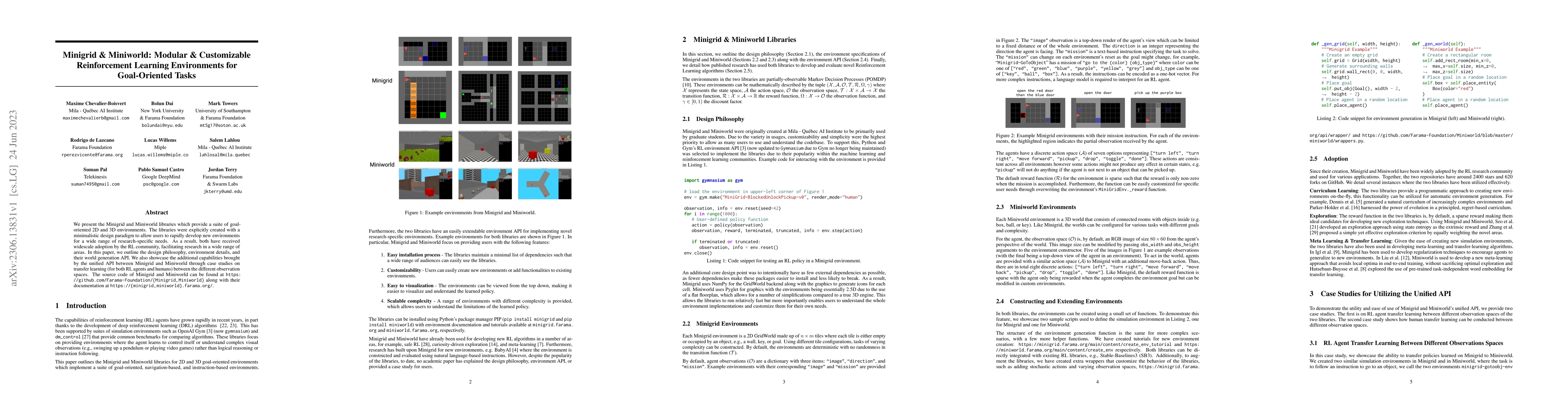 Thumbnail for Minigrid & Miniworld: Modular & Customizable Reinforcement Learning
  Environments for Goal-Oriented Tasks