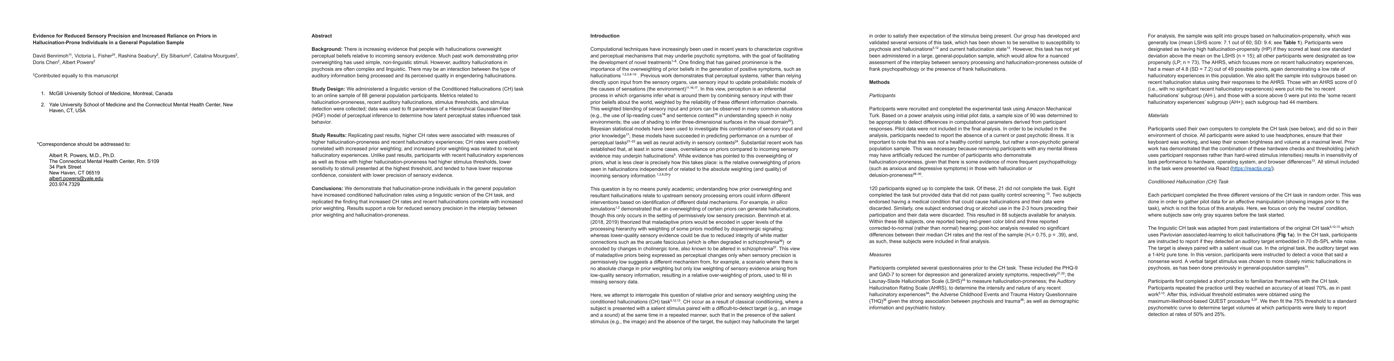 Thumbnail for Evidence for Reduced Sensory Precision and Increased Reliance on Priors
  in Hallucination-Prone Individuals in a General Population Sample