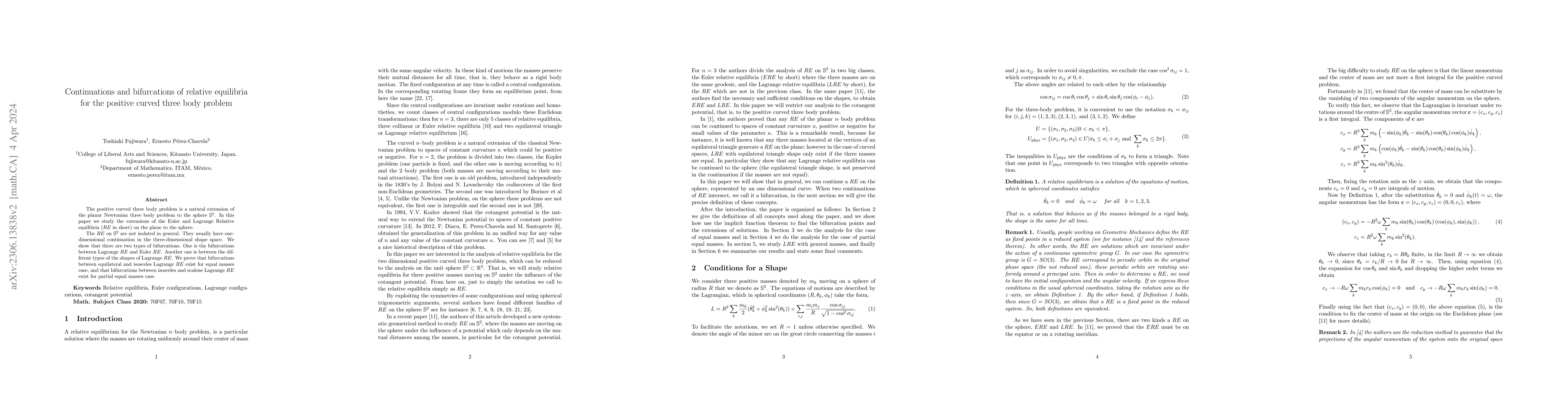 Thumbnail for Continuations and bifurcations of relative equilibria for the positive
  curved three body problem