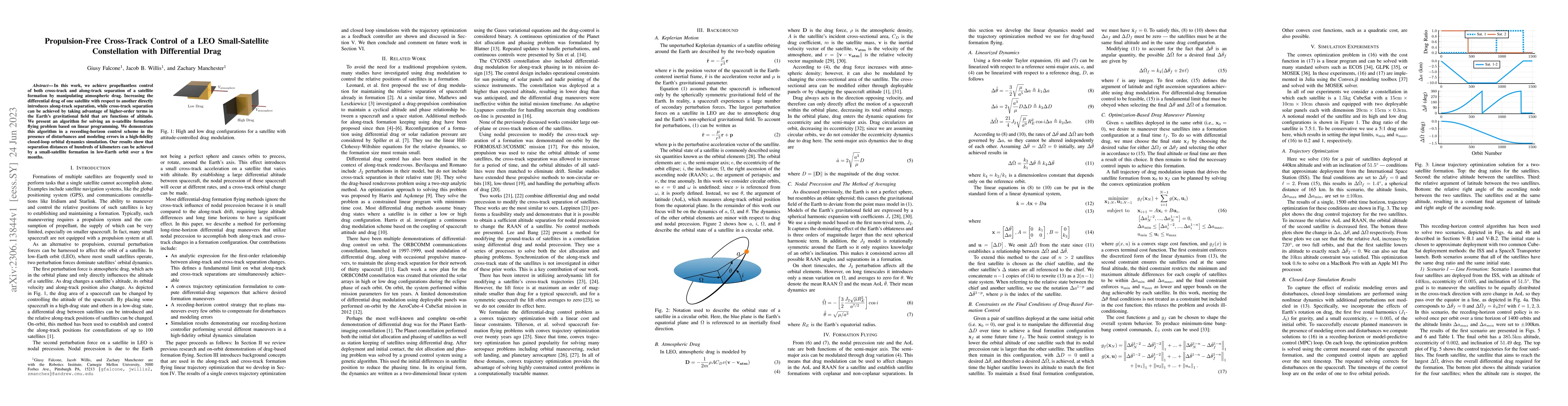 Thumbnail for Propulsion-Free Cross-Track Control of a LEO Small-Satellite
  Constellation with Differential Drag
