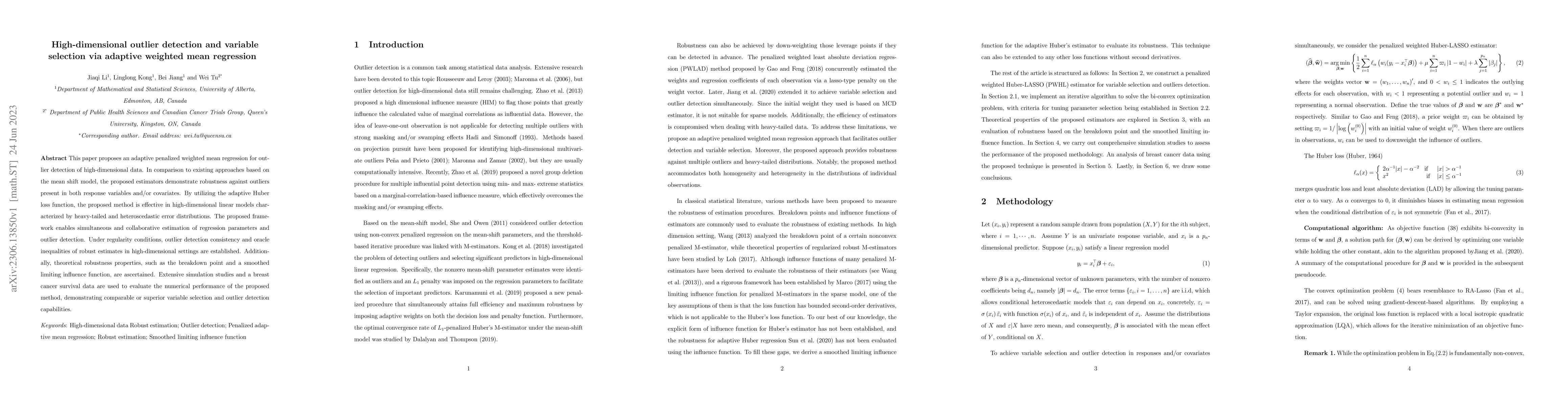 Thumbnail for High-dimensional outlier detection and variable selection via adaptive
  weighted mean regression