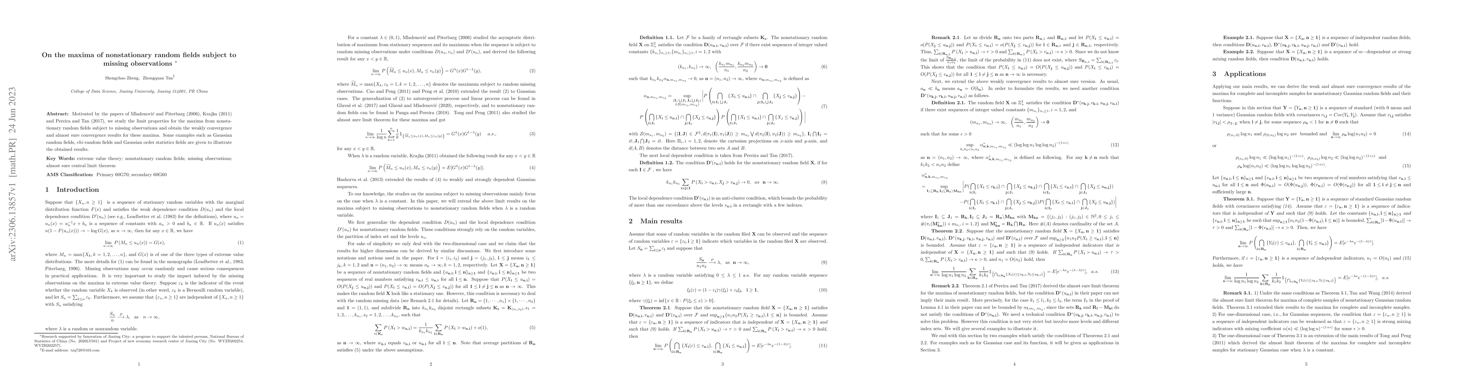 Thumbnail for On the maxima of nonstationary random fields subject to missing
  observations