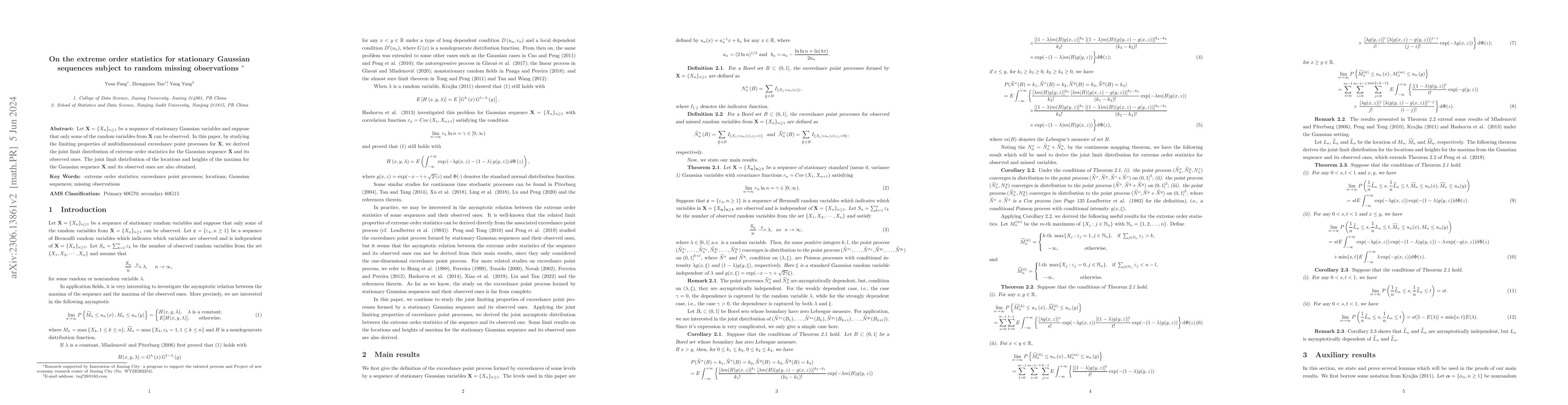 Thumbnail for On the extreme order statistics for stationary Gaussian sequences
  subject to random missing observations