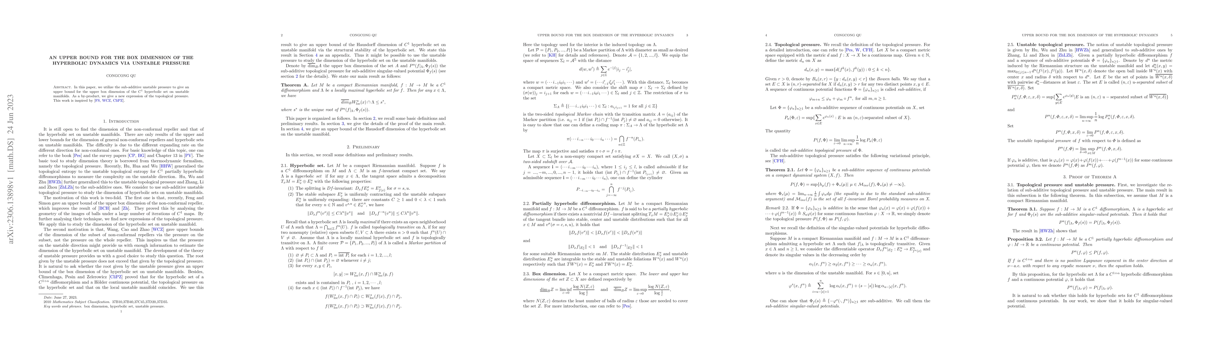 Thumbnail for An upper bound for the box dimension of the hyperbolic dynamics via
  unstable pressure