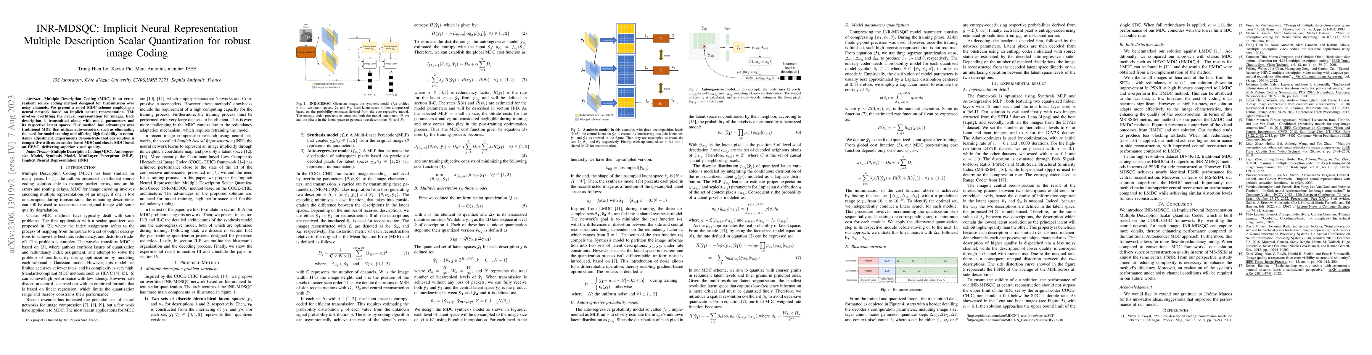 Thumbnail for INR-MDSQC: Implicit Neural Representation Multiple Description Scalar
  Quantization for robust image Coding