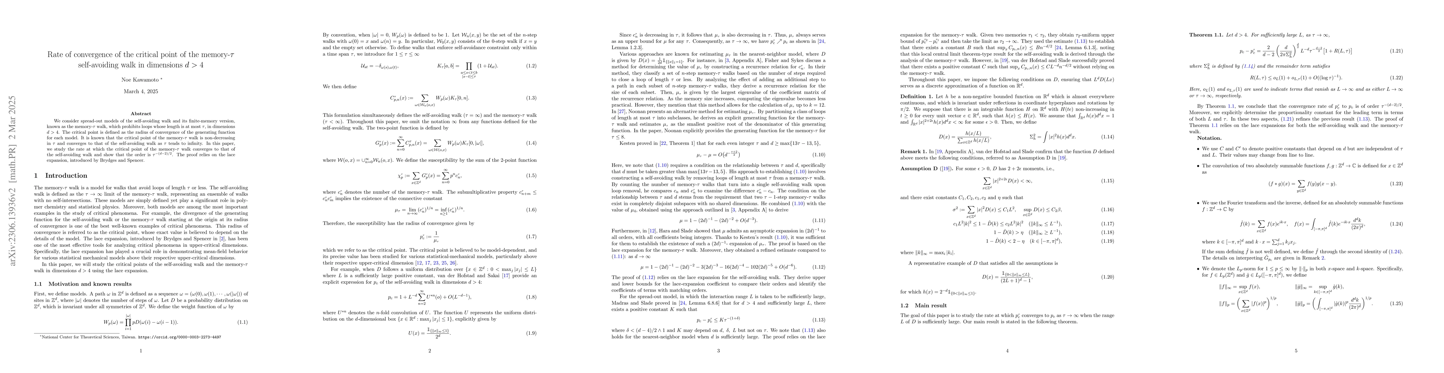 Thumbnail for Rate of convergence of the critical point of the memory-$\tau$
  self-avoiding walk in dimensions $d>4$