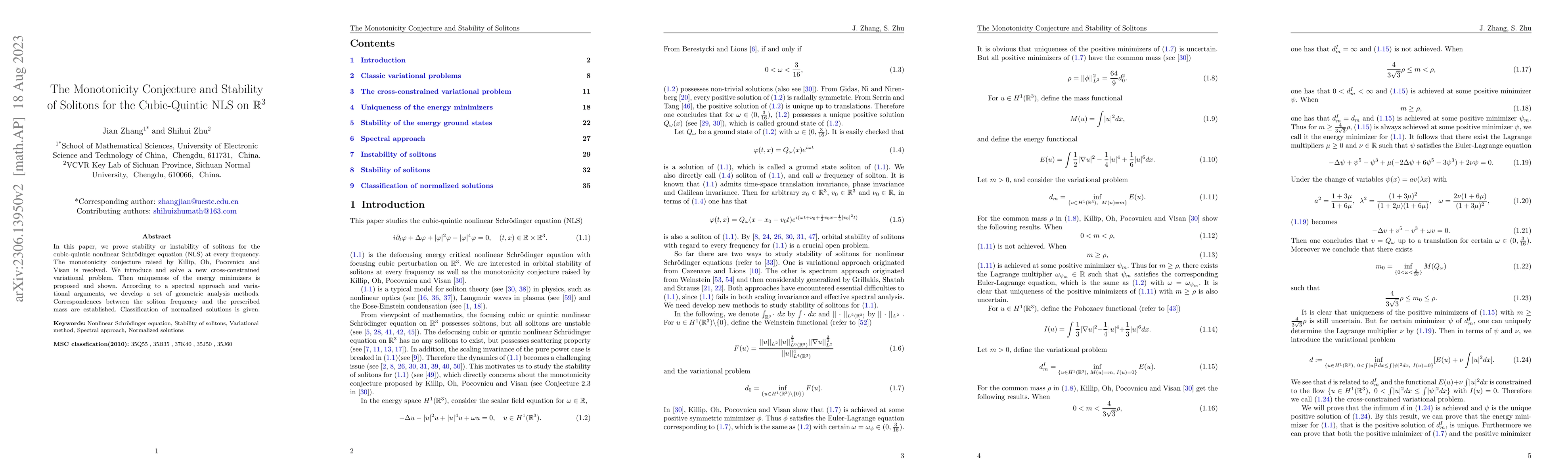 Thumbnail for The monotonicity conjecture and stability of solitons for the
  Cubic-Quintic NLS on R^3
