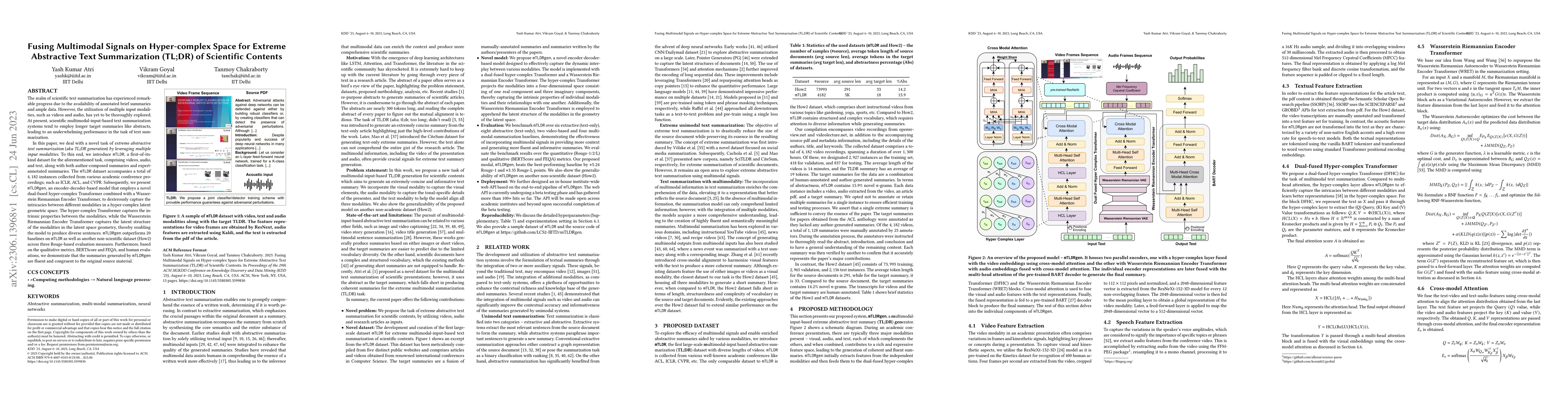 Thumbnail for Fusing Multimodal Signals on Hyper-complex Space for Extreme Abstractive
  Text Summarization (TL;DR) of Scientific Contents
