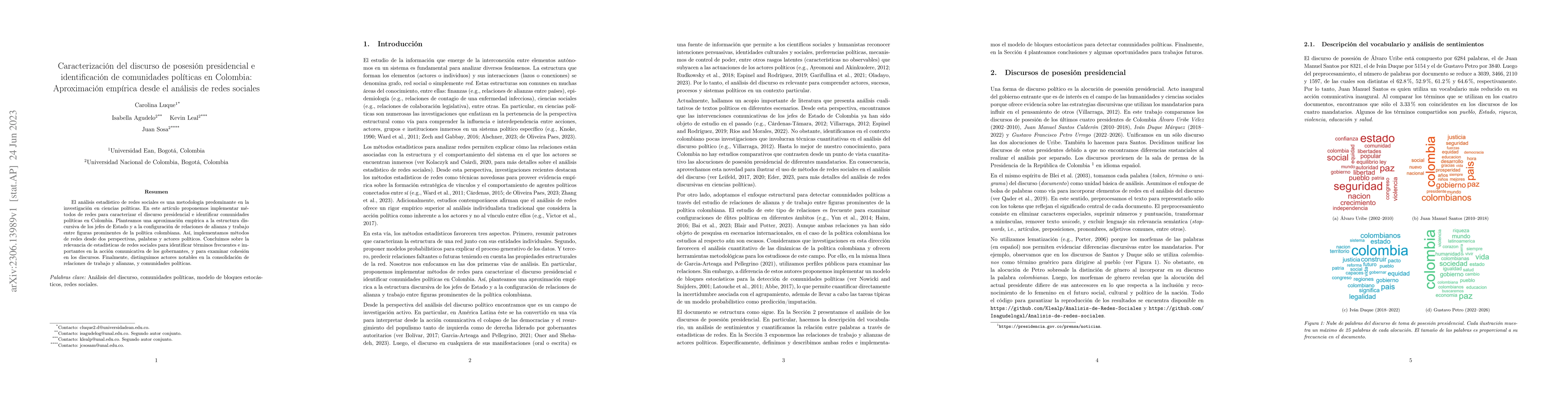 Thumbnail for Characterization of the presidential inauguration speech and
  identification of political communities in Colombia: An empirical approach
  from the analysis of social networks