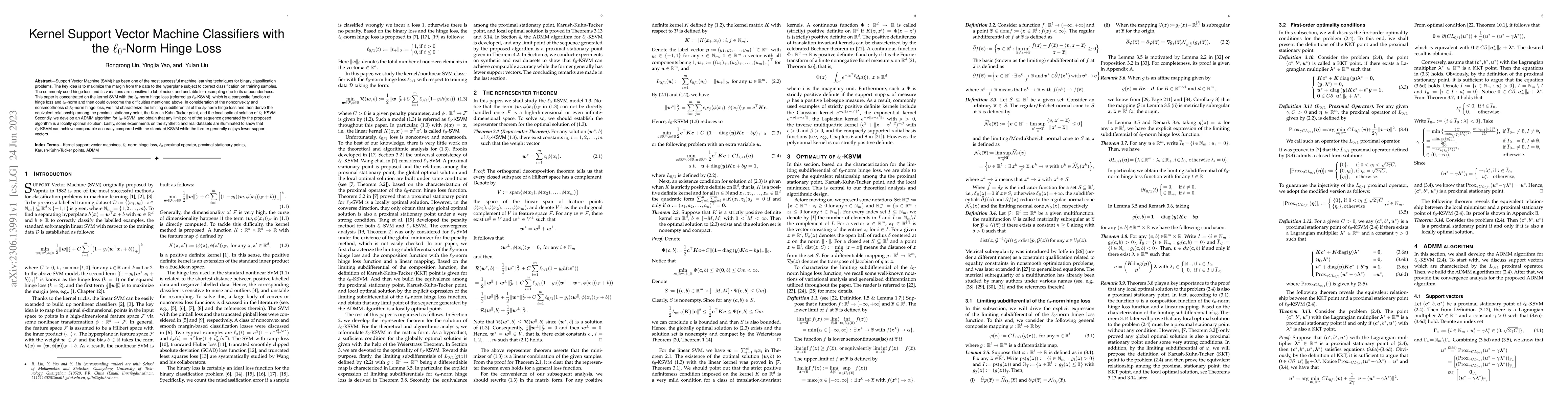 Thumbnail for Kernel Support Vector Machine Classifiers with the $\ell_0$-Norm Hinge
  Loss