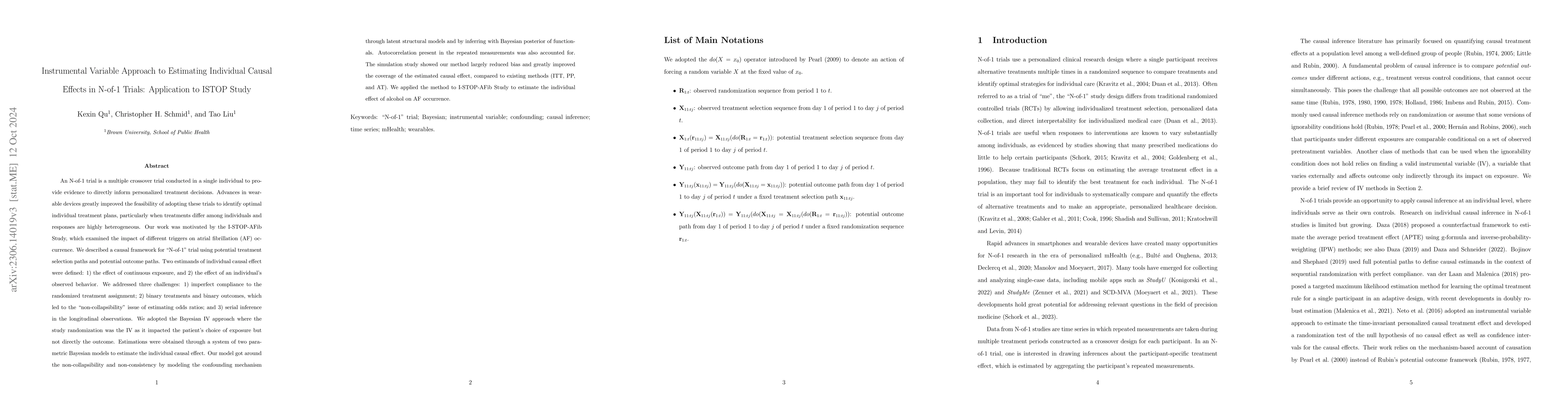Thumbnail for Instrumental Variable Approach to Estimating Individual Causal Effects
  in N-of-1 Trials: Application to ISTOP Study
