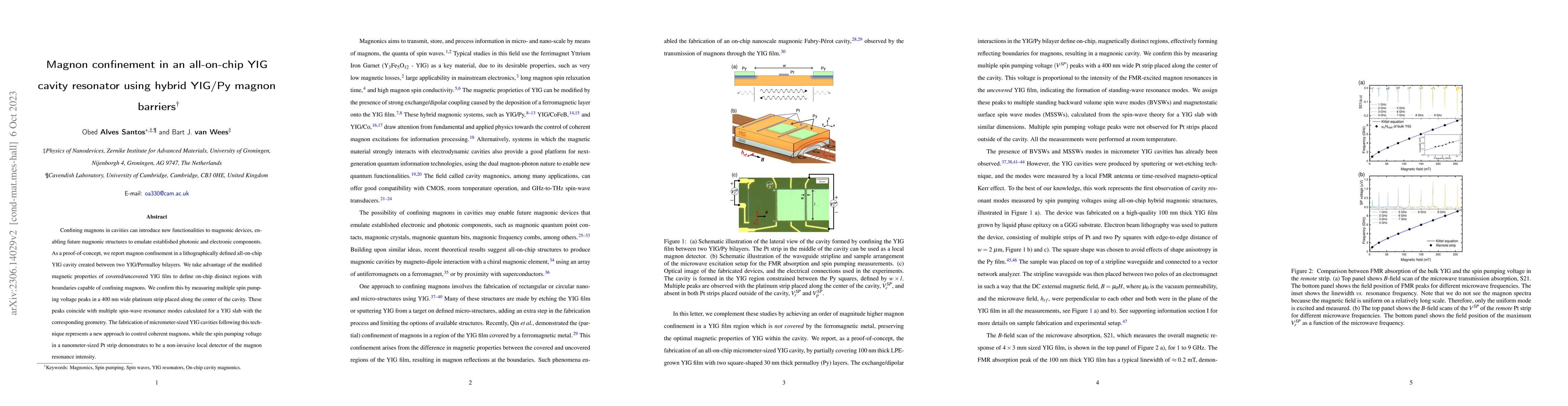 Thumbnail for Magnon confinement in an all-on-chip YIG cavity resonator using hybrid
  YIG/Py magnon barriers