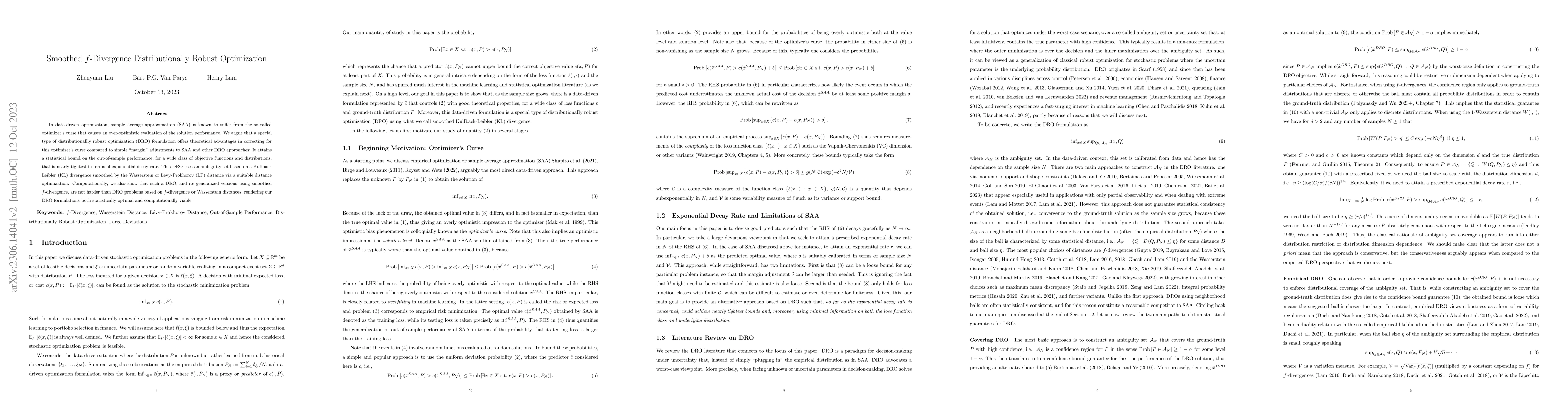 Thumbnail for Smoothed $f$-Divergence Distributionally Robust Optimization
