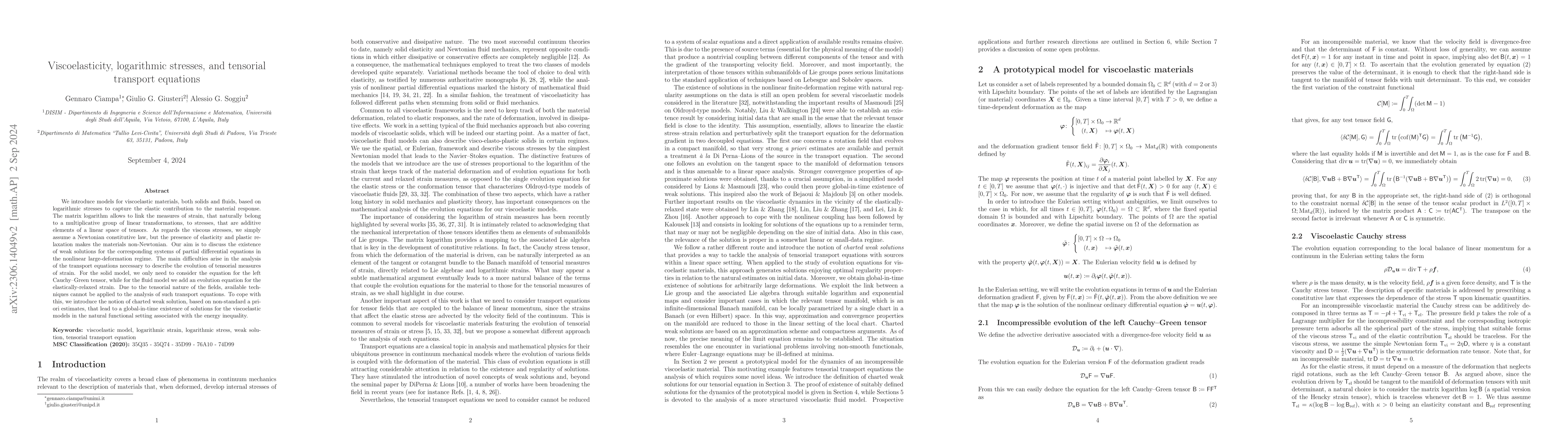 Thumbnail for Viscoelasticity, logarithmic stresses, and tensorial transport equations