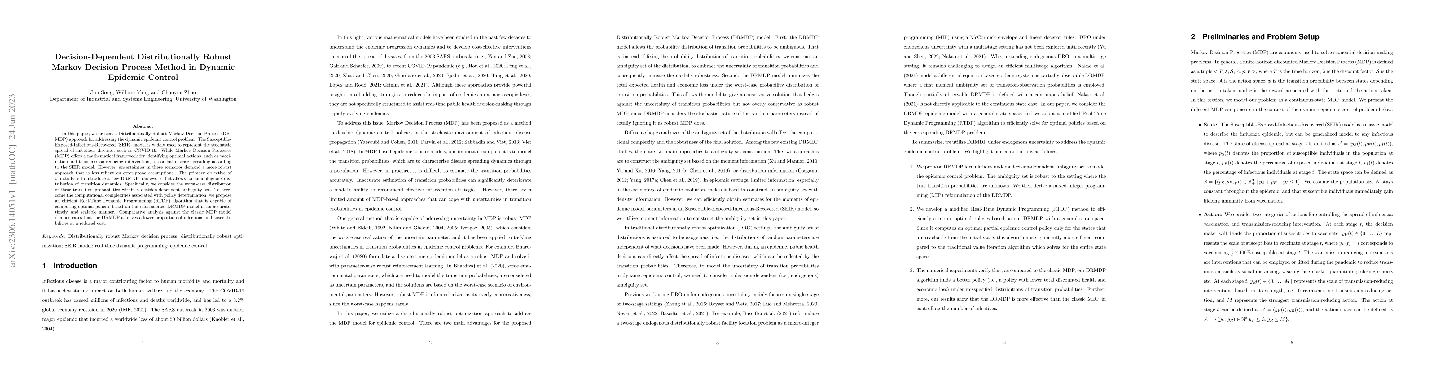 Thumbnail for Decision-Dependent Distributionally Robust Markov Decision Process
  Method in Dynamic Epidemic Control