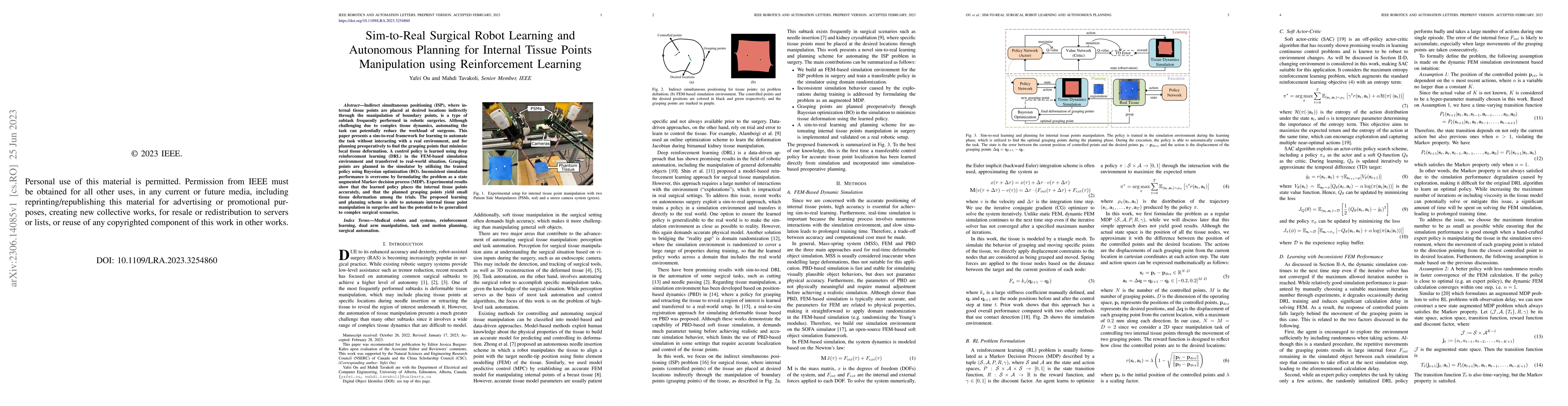 Thumbnail for Sim-to-Real Surgical Robot Learning and Autonomous Planning for Internal
  Tissue Points Manipulation using Reinforcement Learning