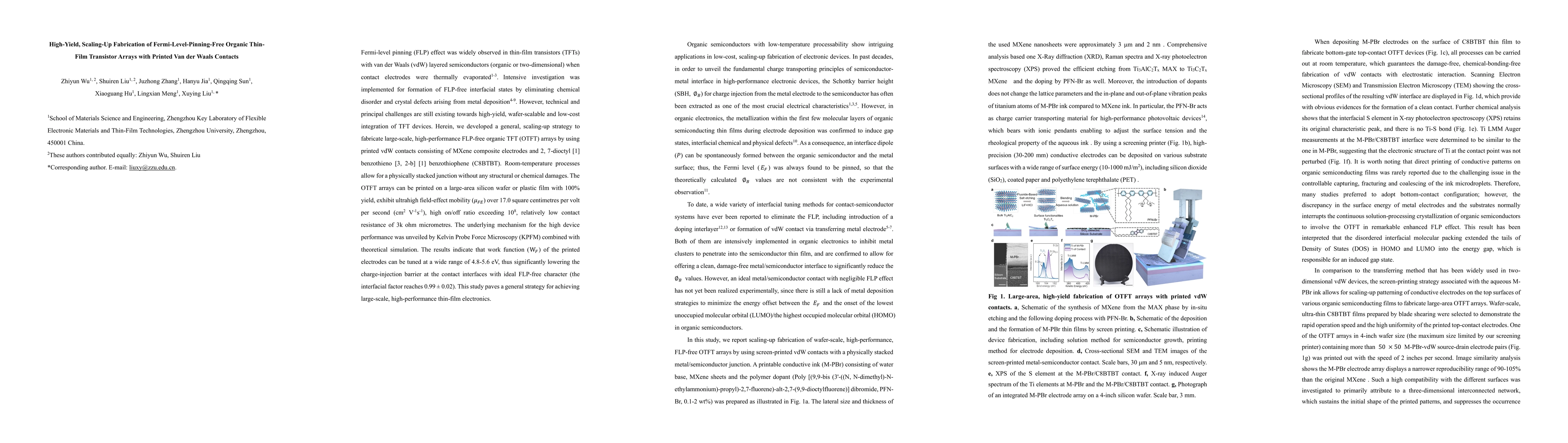 Thumbnail for High-Yield, Scaling-Up Fabrication of Fermi-Level-Pinning-Free Organic
  Thin-Film Transistor Arrays with Printed Van der Waals Contacts
