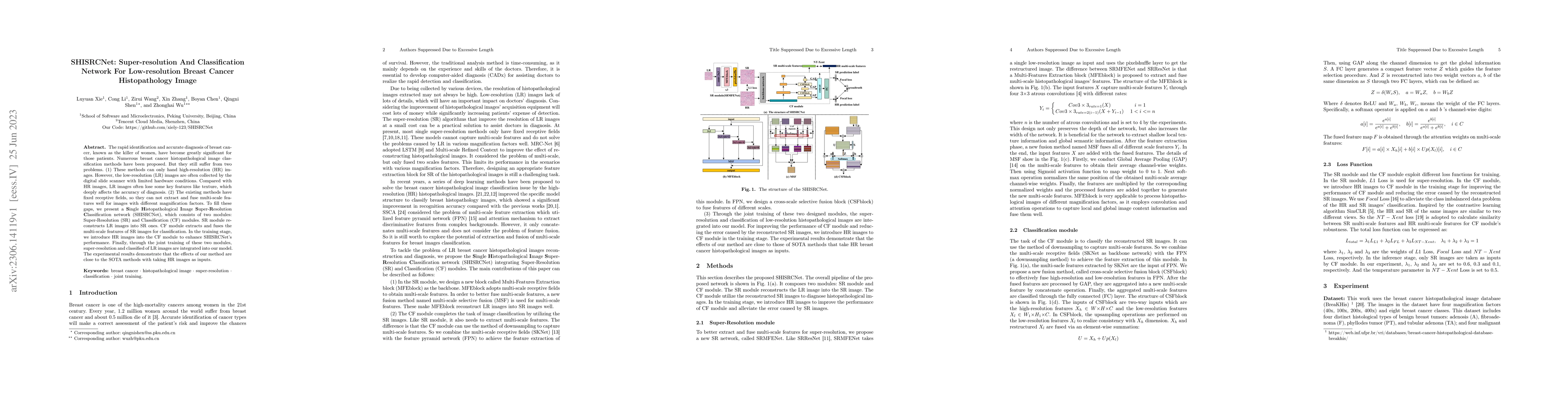 Thumbnail for SHISRCNet: Super-resolution And Classification Network For
  Low-resolution Breast Cancer Histopathology Image