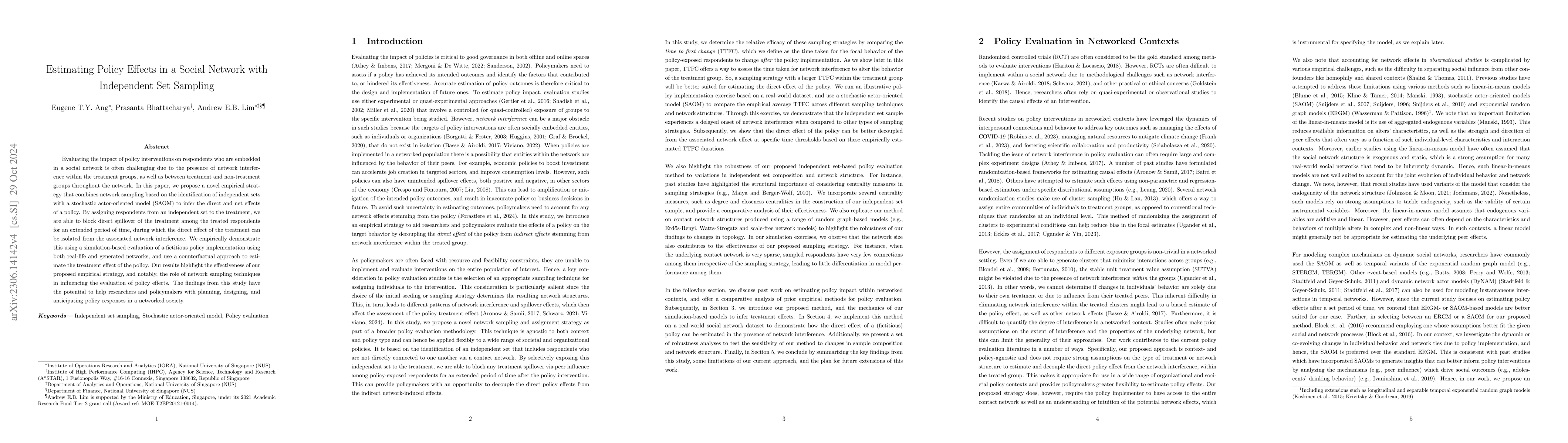 Thumbnail for Estimating Policy Effects in a Social Network with Independent Set
  Sampling