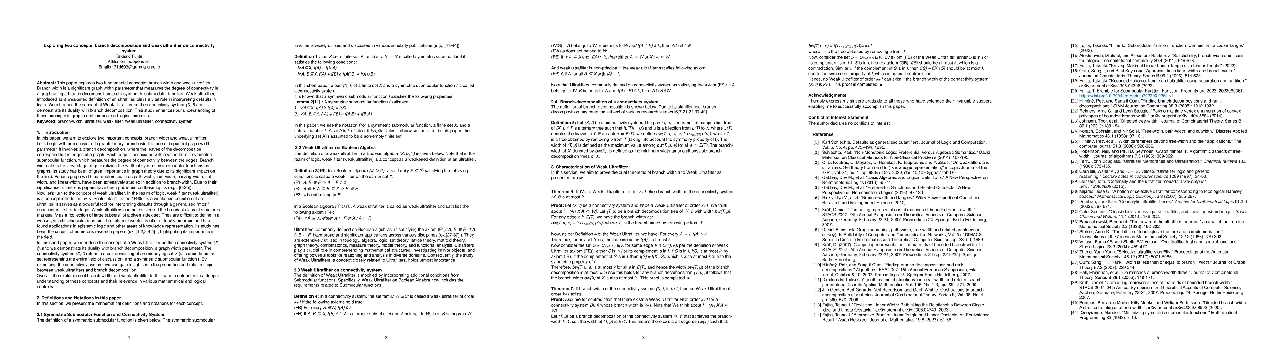 Thumbnail for Exploring two concepts: branch decomposition and weak ultrafilter on
  connectivity system