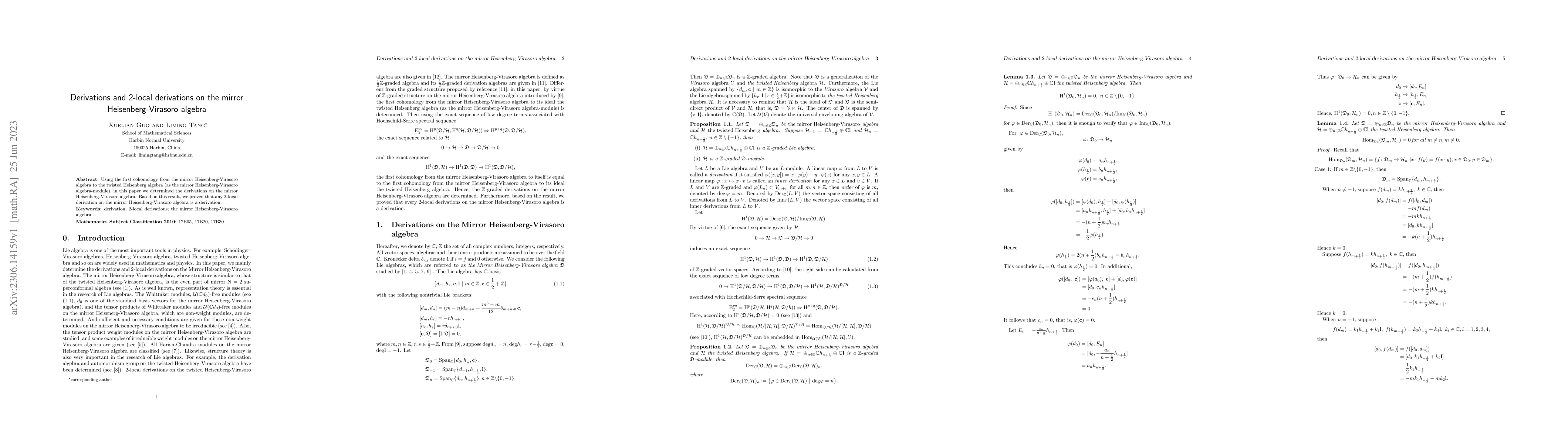 Thumbnail for Derivations and 2-local derivations on the mirror Heisenberg-Virasoro
  algebra