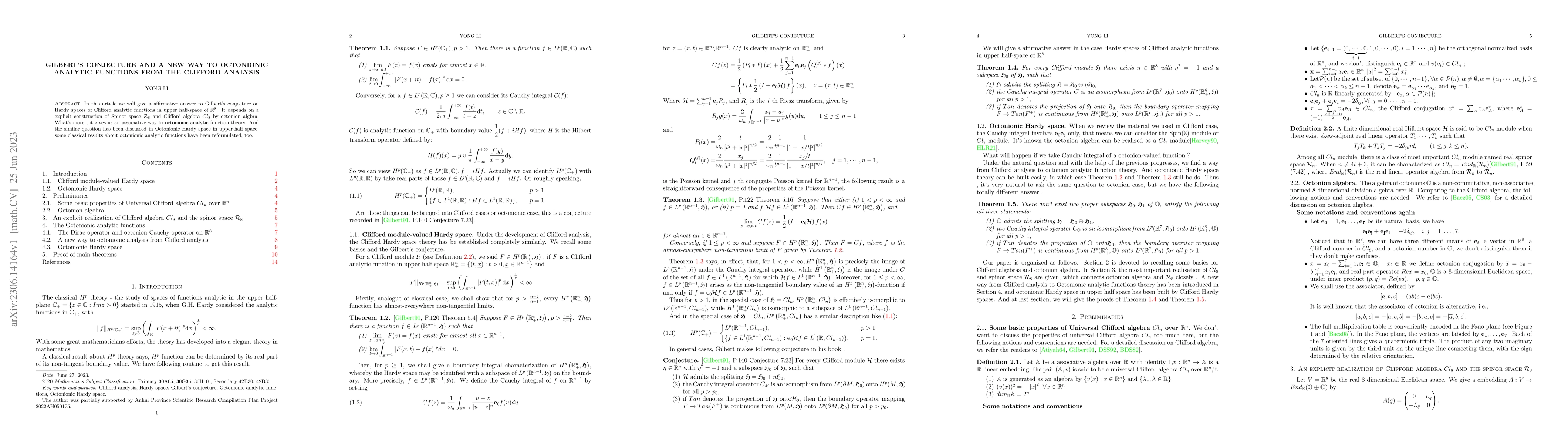 Thumbnail for Gilbert's conjecture and A new way to octonionic analytic functions from
  the clifford analysis