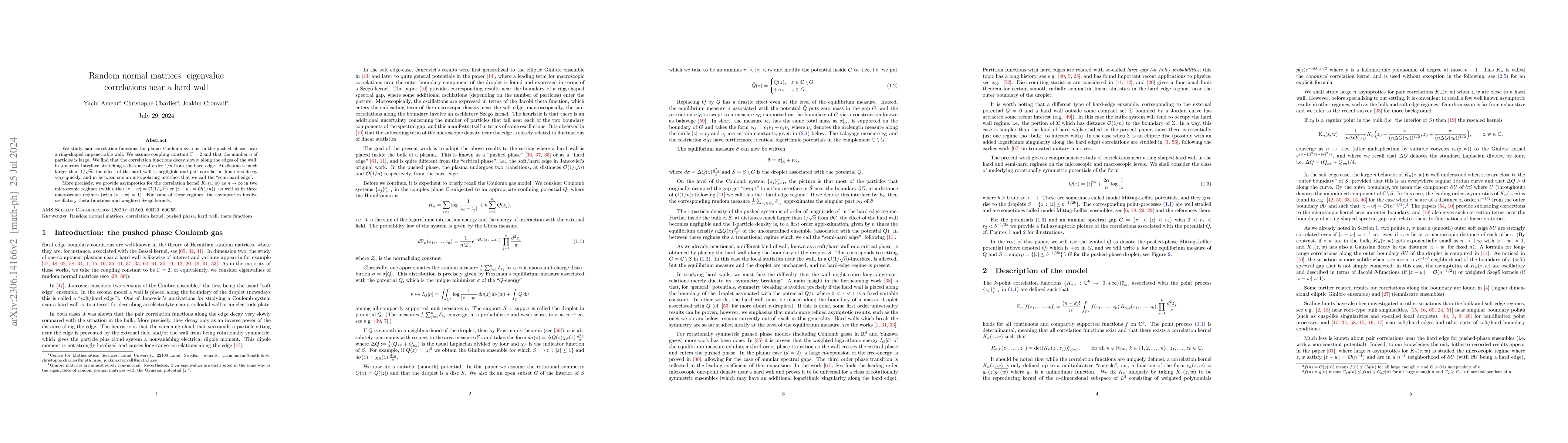 Thumbnail for Random normal matrices: eigenvalue correlations near a hard wall